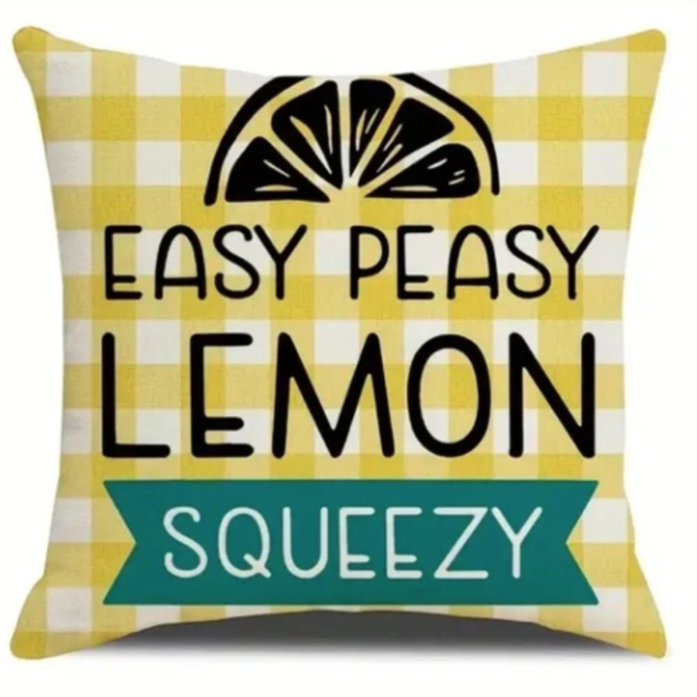 NEW LINEN BLEND "EASY PEASY LEMON SQUEEZY" PLAID DECORATIVE PILLOW COVER 17.7"
